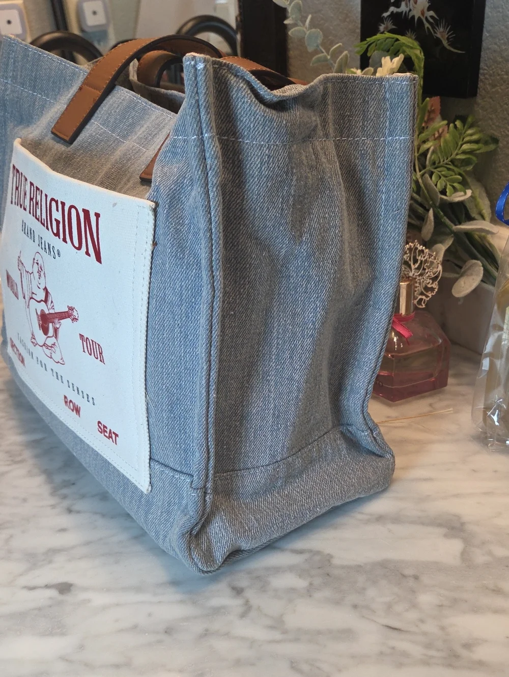 EUCTrue Religion Blue Denim Messenger Tote with Brown Handles and Red Logo Patch